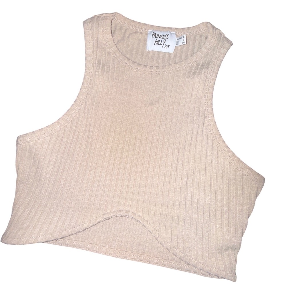 Princess Polly Tan Ribbed Knit Arched Hem Crop Top Racerback Sleeveless US‎ 4